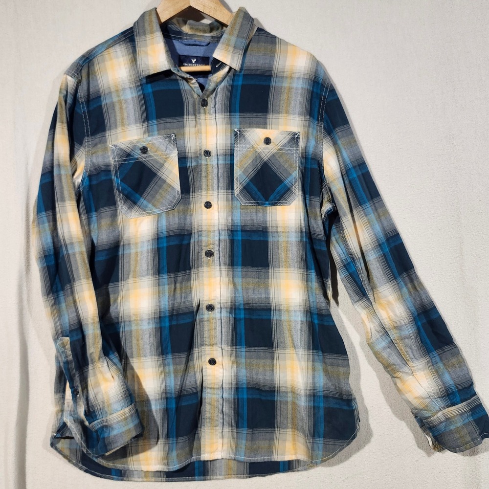 American Eagle Seriously Soft Plaid Flannel Shirt Mens Medium Blue Yellow Fall